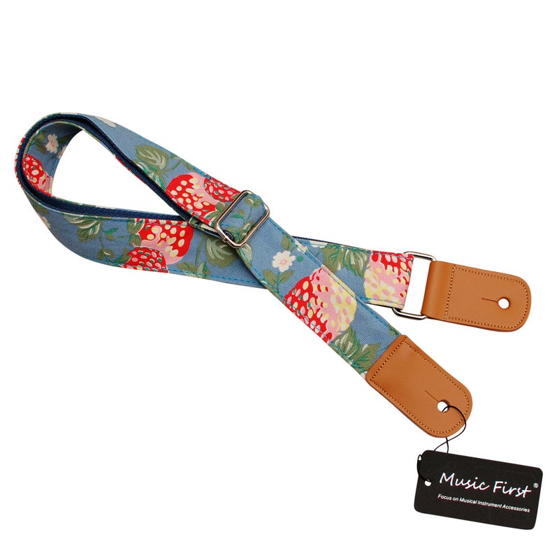 MUSIC FIRST Original Design â€œStrawberry Flowersâ€ Vintage style Soft Canvas & Genuine Leather Ukulele Strap Ukulele Shoulder Strap - Image 5